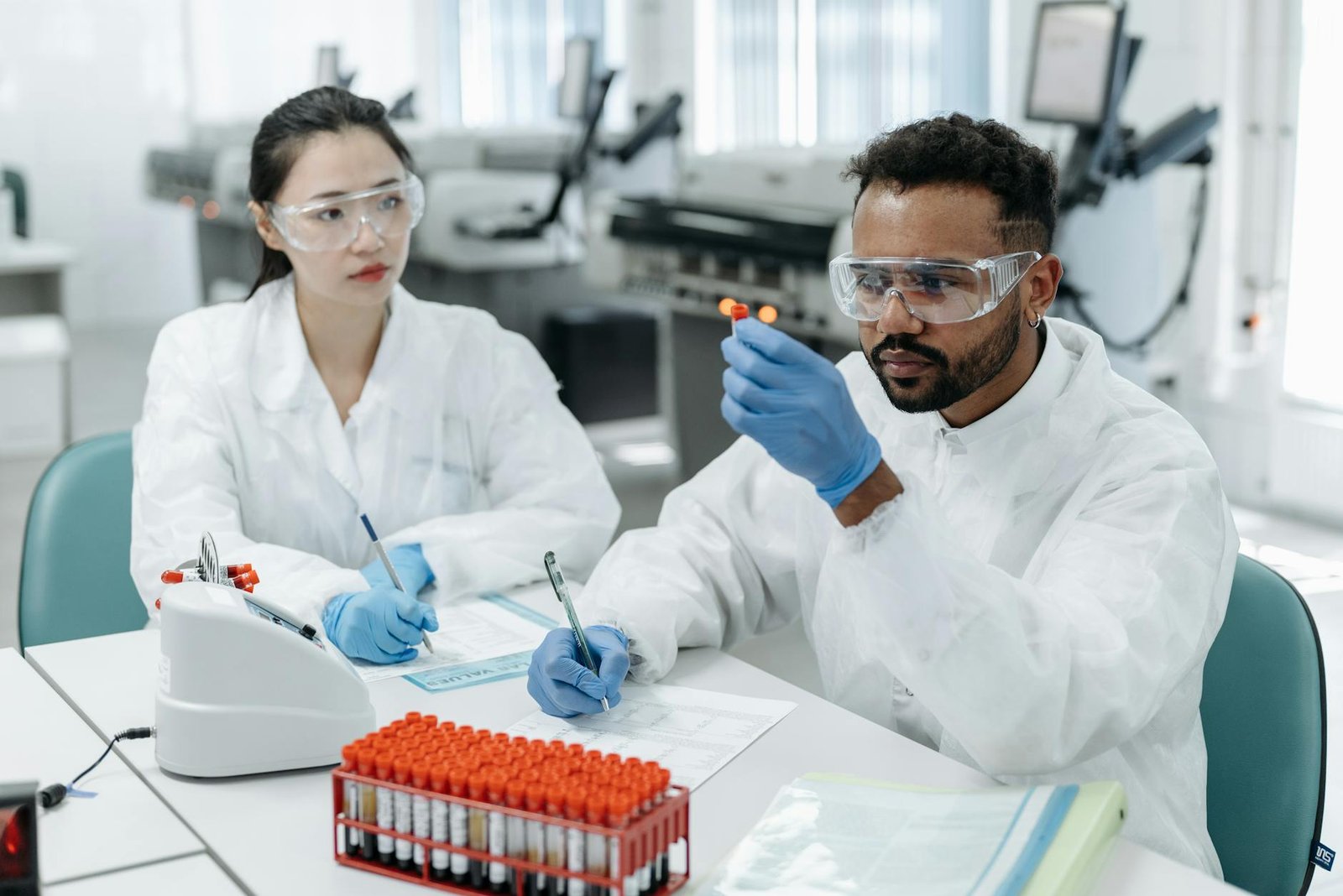 Medical researchers working in a biomedical laboratory